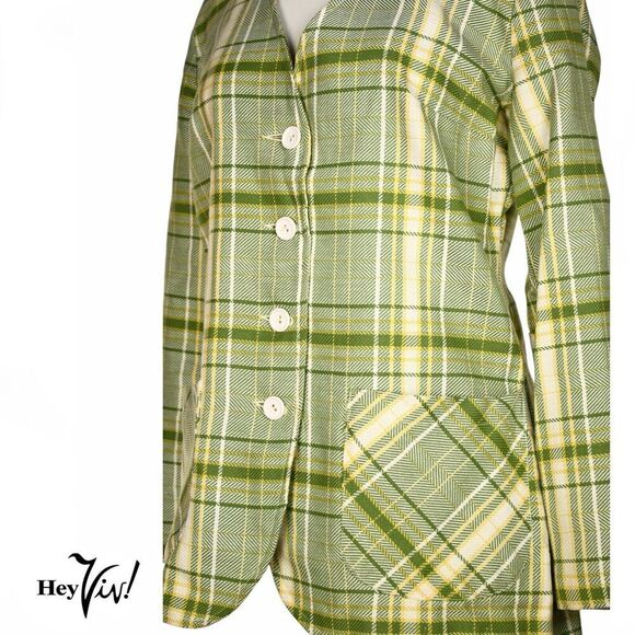 Vintage 60s Collarless Jacket Green Plaid Pockets Union Tag Size 11-12 - Hey Viv - Picture 3 of 12
